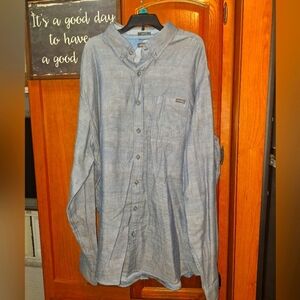 An Eddie Bauer men's long sleeve chambray button-down shirt in a size XLT